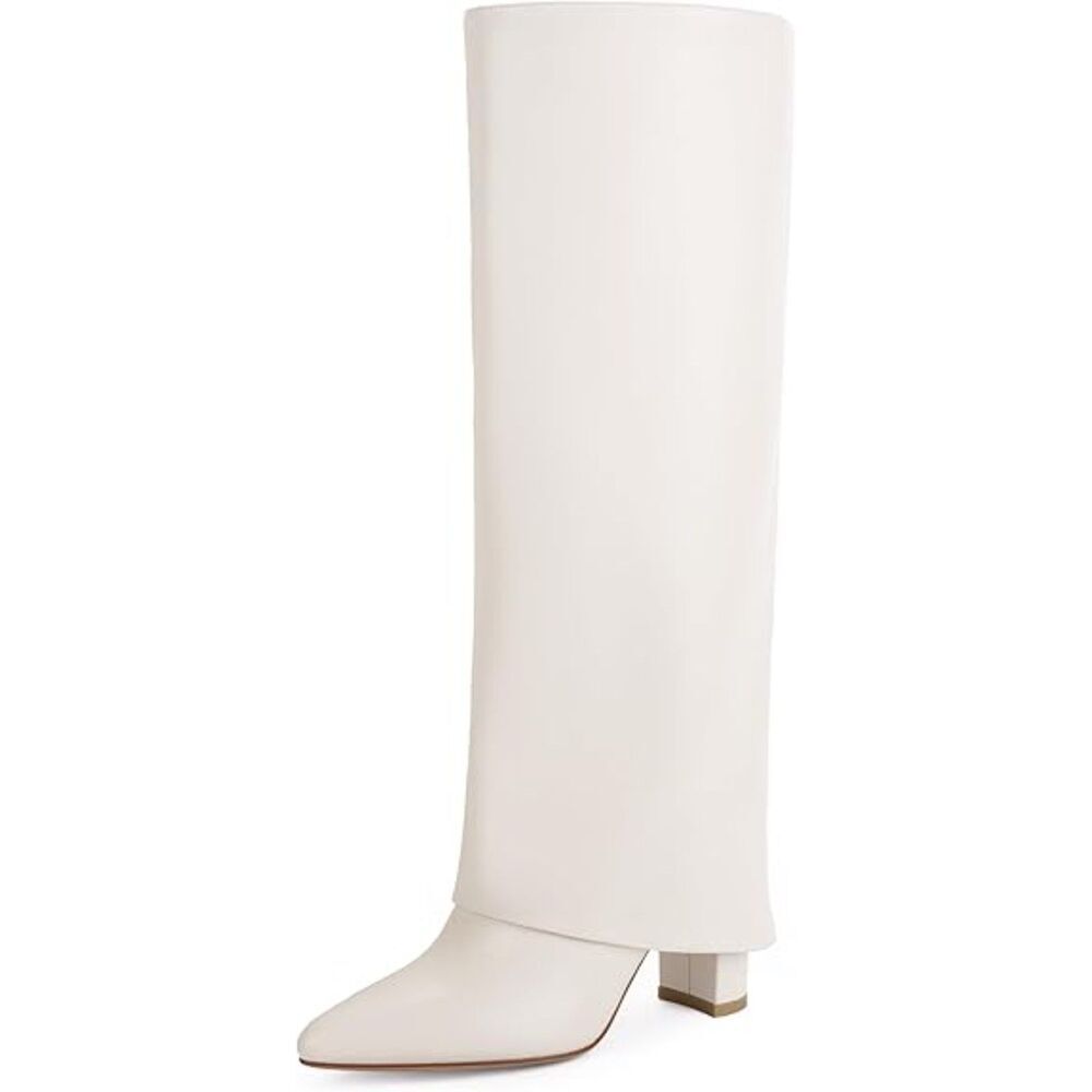 Women's White Rubber Sole Pointed Toe Side Zipper Chunky Heels Knee High Boots